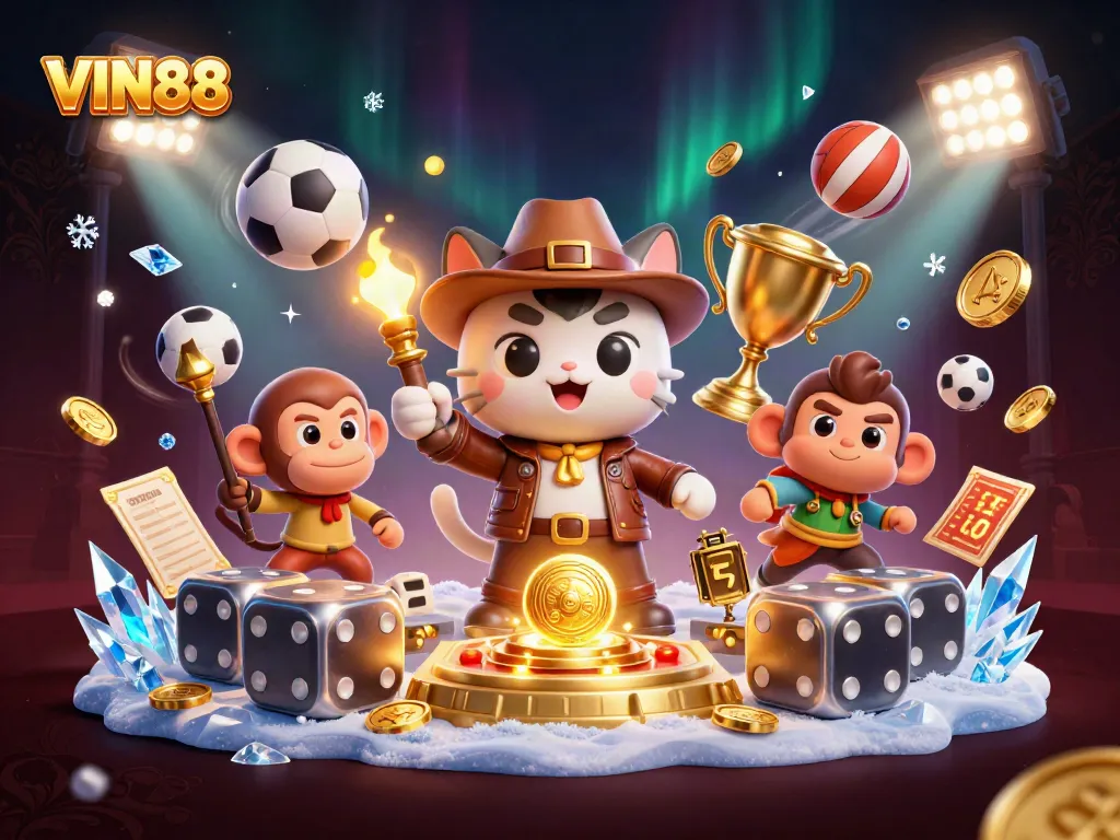 Experience the adventure at VIN88 with an explorer cat and dynamic casino artifacts amidst vibrant sports elements.