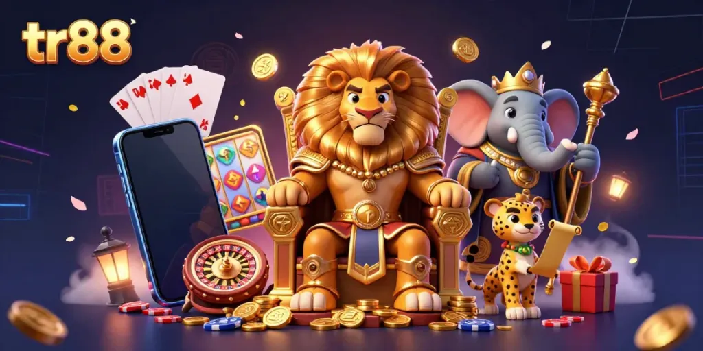 Engage with the vibrant world of tr88, showcasing a lion king, elephant advisor, and cheetah messenger in a rich 3D casino scene.