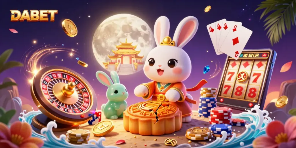 DABET showcases a vibrant 3D scene where a moon rabbit reveals poker chips, surrounded by casino elements.