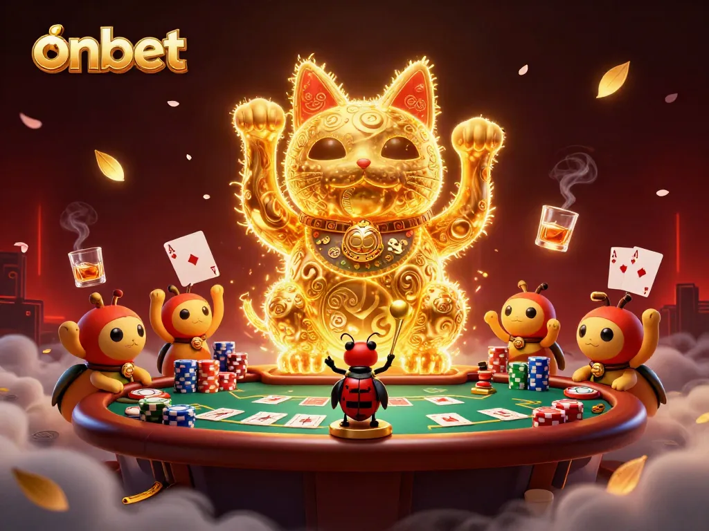 Engage with onbet's dynamic casino scene featuring a lucky cat and poker elements for an exciting gaming experience.