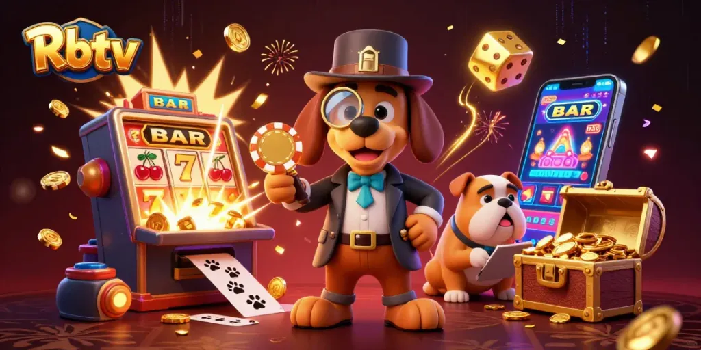 Menggali petunjuk chip poker emas di Rbtv dengan detektif anjing dan bulldog, dikelilingi mesin slot meledak.