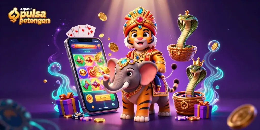 Experience the thrill of deposit pulsa tanpa potongan with vibrant casino elements in this dynamic scene.
