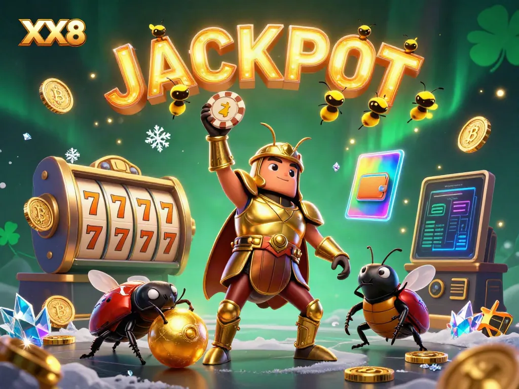 Engaging XX8 gameplay scene with cartoon beetles, poker chip, and vibrant casino symbols