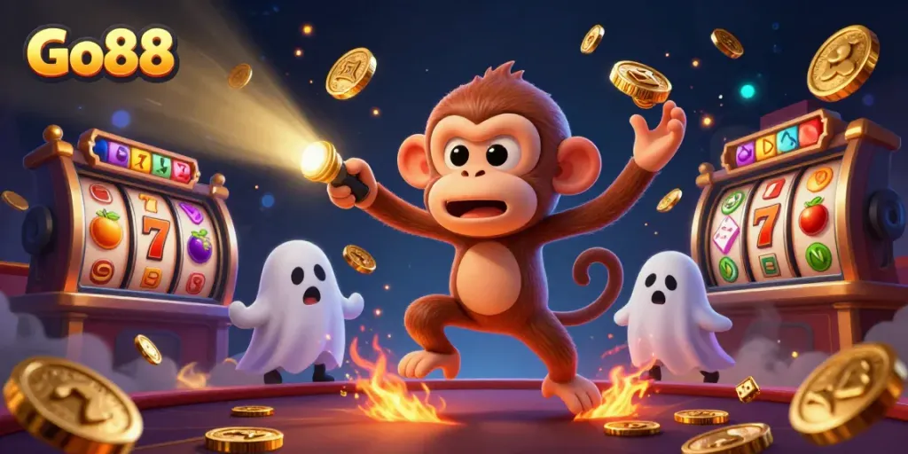 Go88 showcases a playful poltergeist monkey juggling in a haunted casino scene.