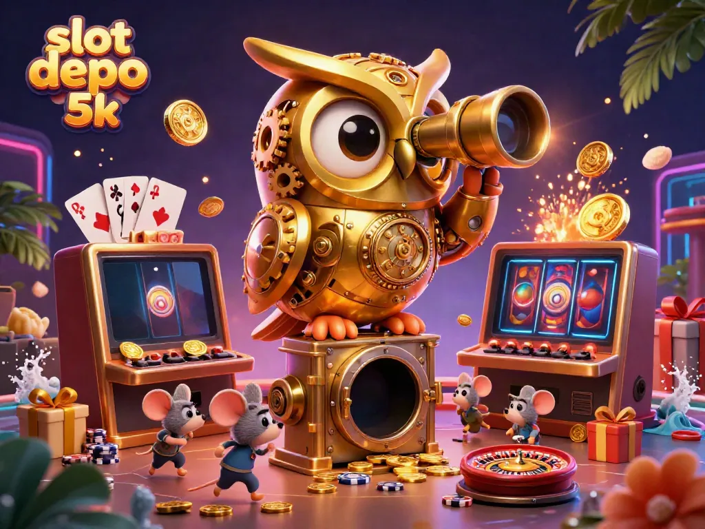 Engage with the excitement of slot depo 5k as a golden owl surveys a vibrant casino scene filled with fun characters and games.