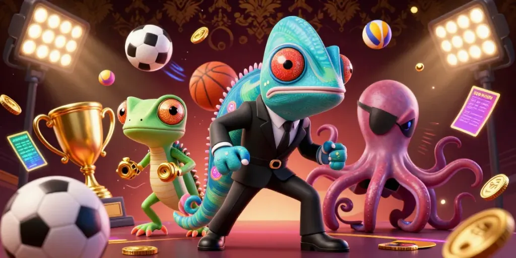 Engage with 789 WIN through a vibrant, dynamic gambling scene featuring a chameleon agent, a gecko Q, and gold coins.