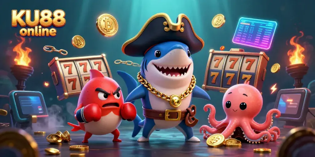 Engage with thrilling slot reels featuring KU88 online surrounded by vibrant casino elements and characters.