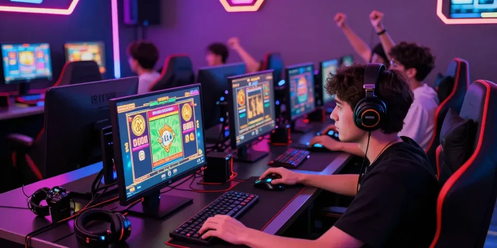Player enjoying slot gacor gampang menang in a lively gaming lounge, surrounded by friends, energetic atmosphere.