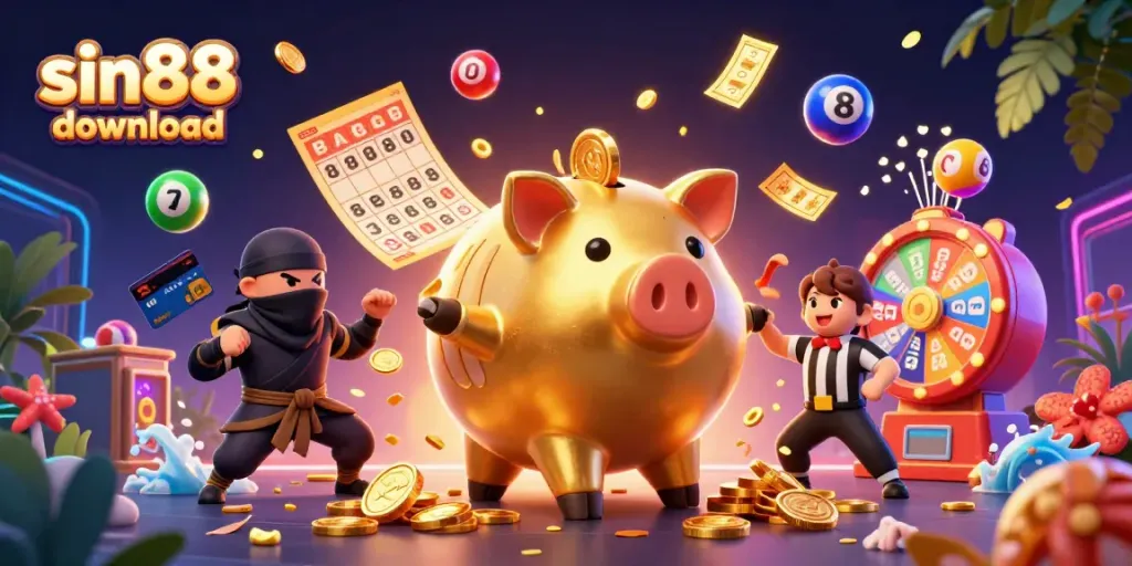 Experience gaming excitement with sin88 download illustrated by a golden piggy bank and dynamic casino elements.