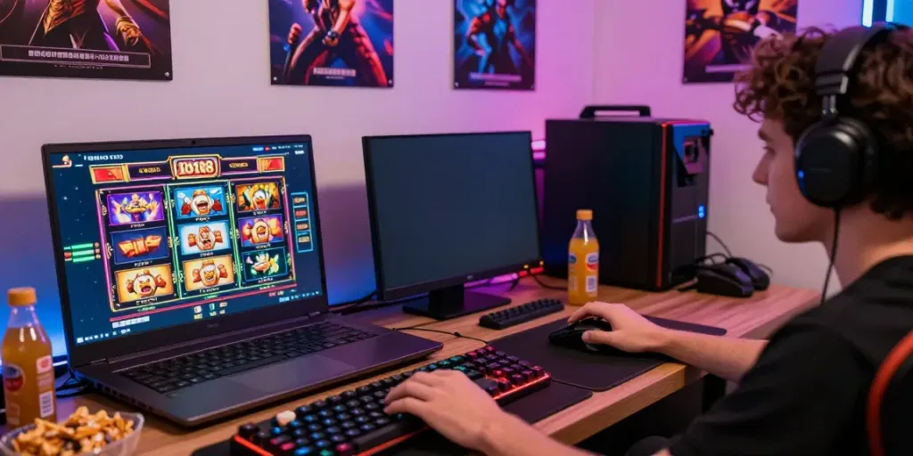 Engaging player enjoying slot88 games in a cozy gaming room setup.