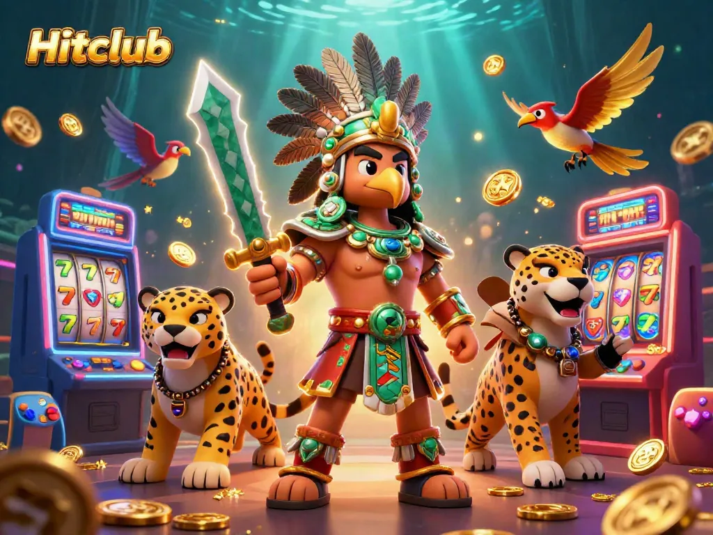 Hitclub's vibrant 3D scene featuring Aztec characters amidst colorful slot machines, showcasing jackpot excitement.