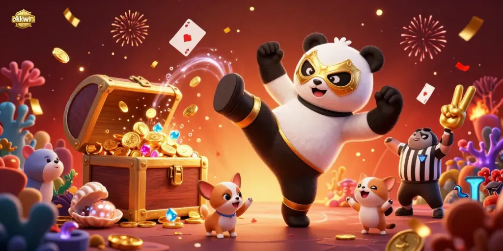 Experience thrilling gameplay at okkwin with a vibrant 3D panda wrestler scene celebrating big wins.