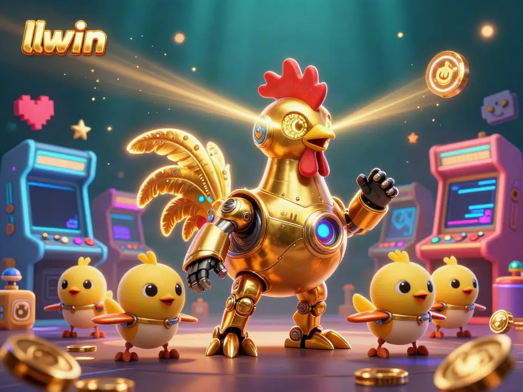 Engage with llwin's 3D casino adventure featuring a golden rooster robot and game elements.