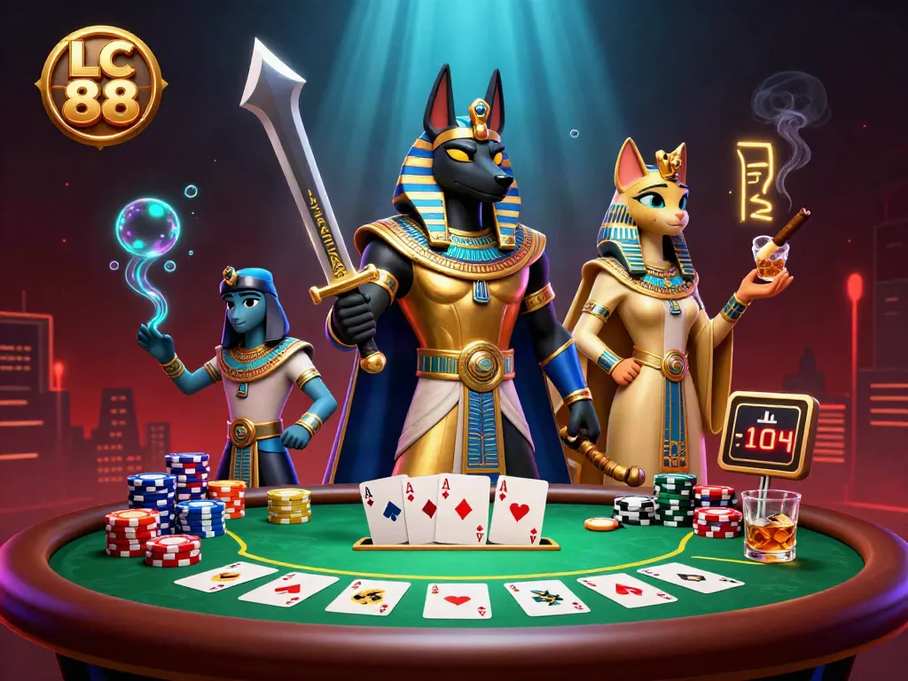 Win big at LC 88 with thrilling card games, showcasing Anubis and Bastet amidst poker action.