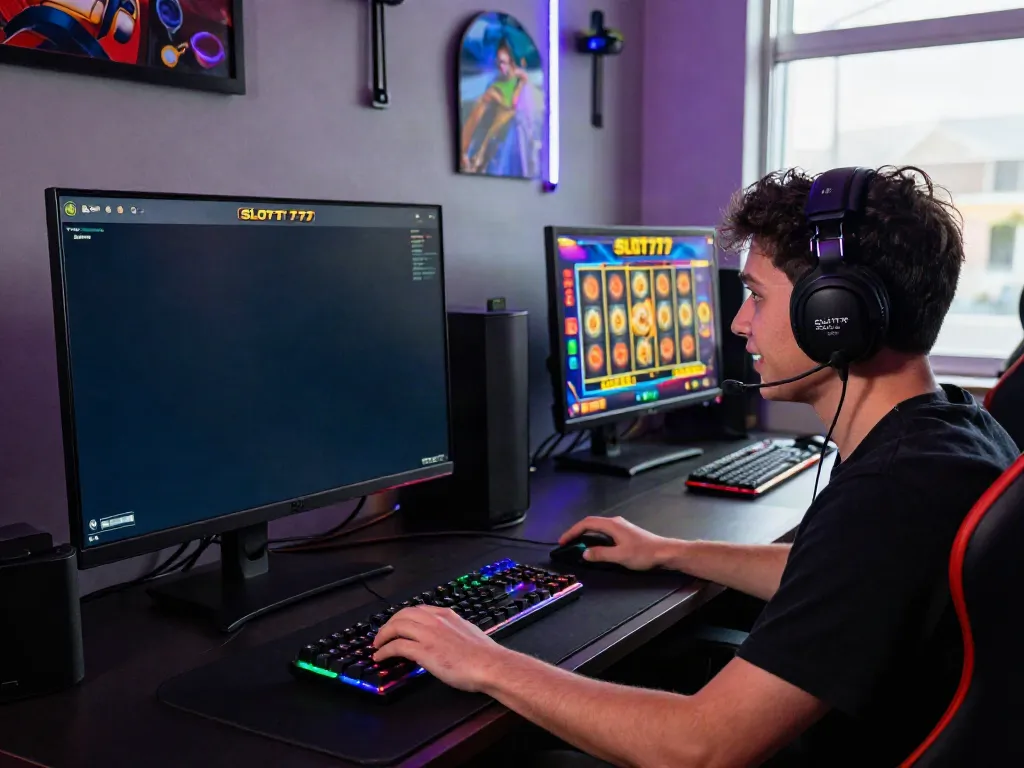 Engaged player enjoying SLOT777 online gaming experience with colorful graphics.