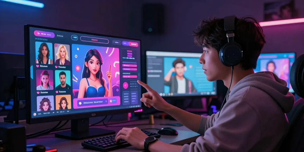 Engaging AI chat porn experience with animated character interface and vibrant digital backdrop.
