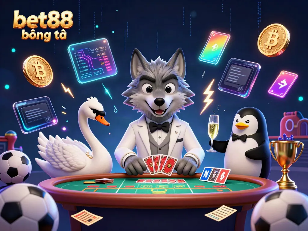 Engage in bet88 bóng đá with an exciting illustration featuring a debonair wolf, elegant swan, and sophisticated penguin in a betting scene.