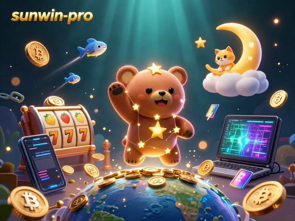 Experience thrilling slots at sunwin-pro with a celestial bear collecting coins.