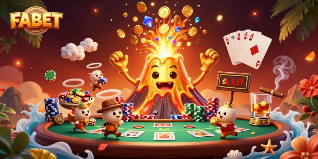 FABET casino game featuring a golden volcano erupting coins and gem treasures surrounded by poker elements.