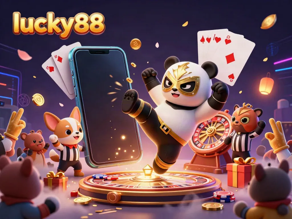 Experience dynamic gambling excitement at lucky88 with vivid elements and engaging characters illuminating the scene.