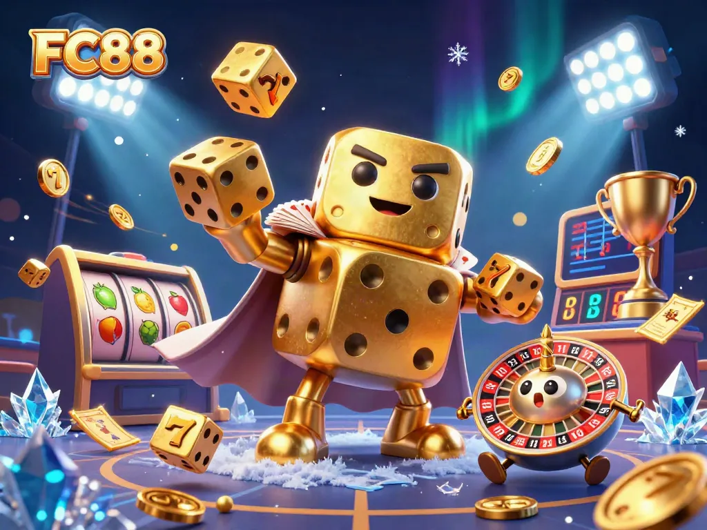 Join the excitement of FC88 casino with golden dice, slot reels, and a triumphant trophy.