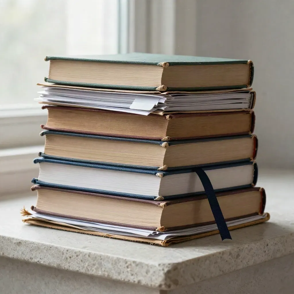 Stos podręczników, pakiet egzaminacyjny i fiszki na jasnym kamieniu.