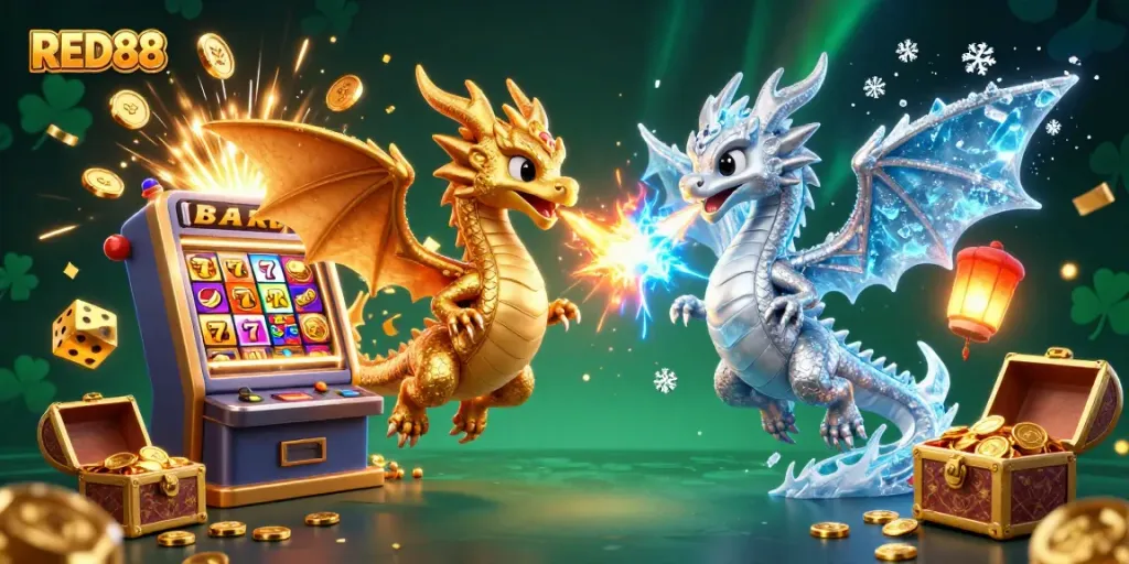 Experience the thrill of RED88 with vibrant casino games and dragons amidst a jackpot explosion.