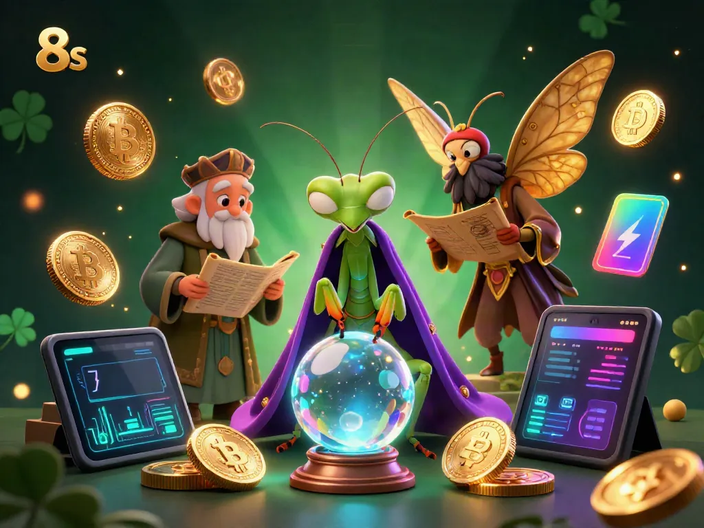 Experience thrilling online gaming at 8s, featuring mystical fortune tellers and glowing cryptocurrency coins.