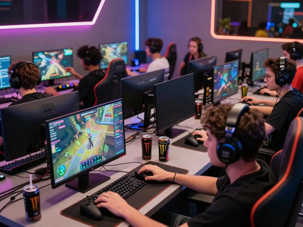 Excited gamers enjoying HITCLUB in a modern gaming room filled with devices and vibrant lights.