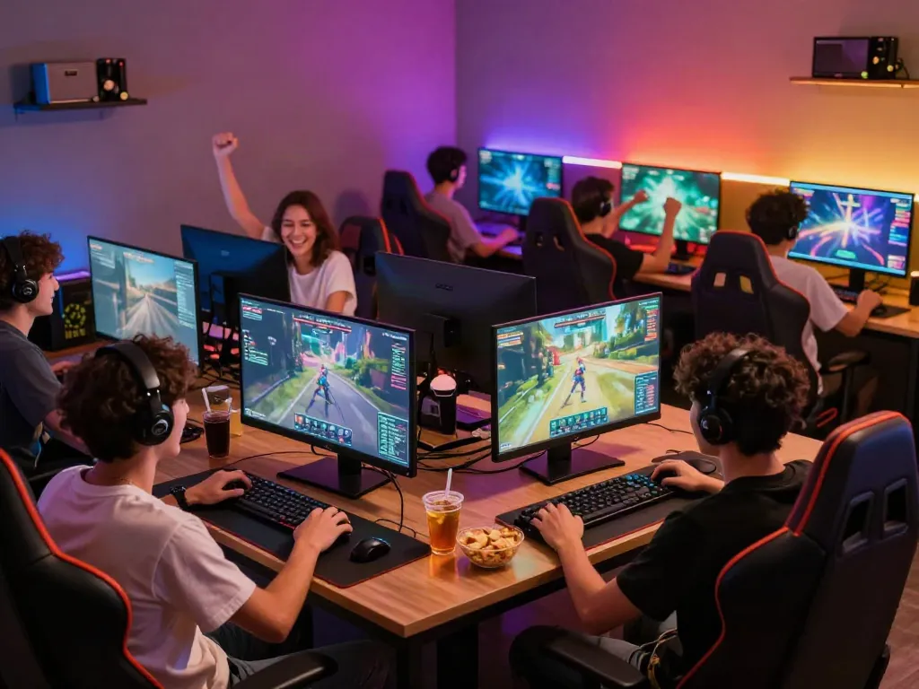 Friends enjoying multiplayer gaming on KILAT404 platform, vibrant lounge atmosphere with snacks.