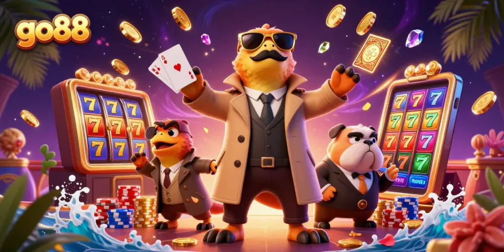 Experience the thrilling adventures of go88 with three raptors in a trench coat attempting to enter a VIP casino.