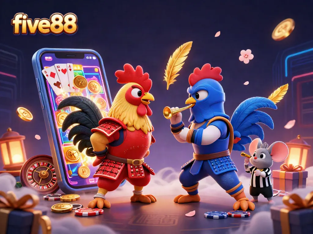 Engage with five88's thrilling action featuring fighting roosters, dynamic casino elements, and a vibrant backdrop.