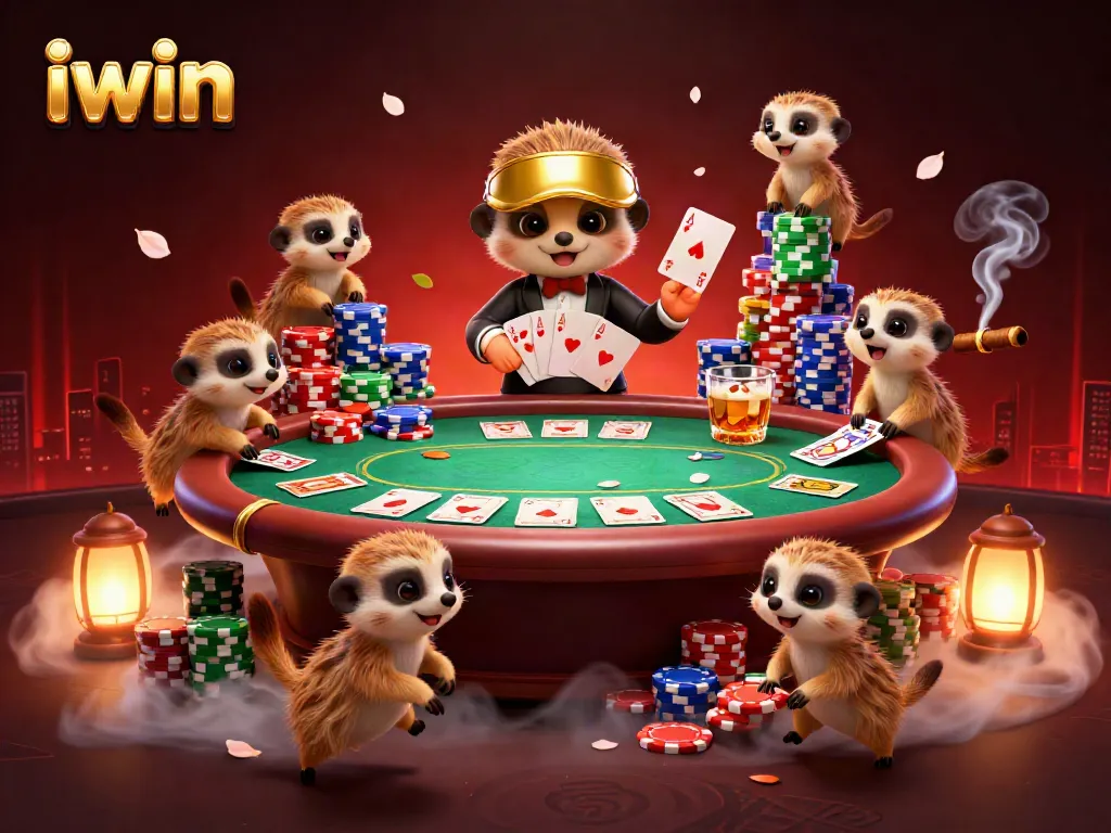 iwin meerkats managing a vibrant casino surrounded by poker elements and dynamic action