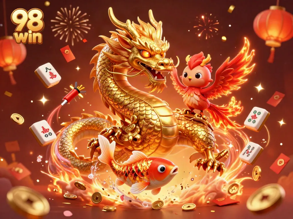Win big with 98 win at a vibrant casino event featuring a golden dragon and phoenix.