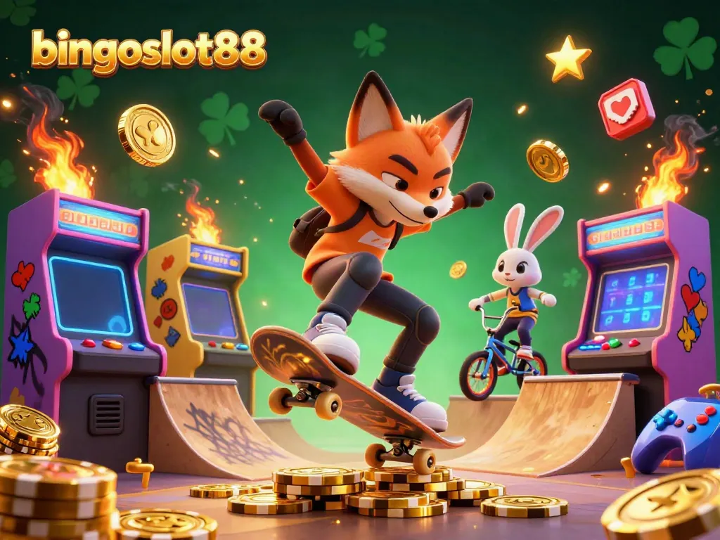 Permainan hiburan bingoslot88 dalam ilustrasi 3D dari karakter seru dengan koin emas dan mesin slot.