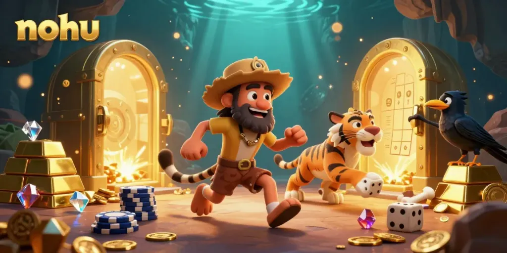 Nohu slots casino illustration with caveman and tiger, rich in treasures.