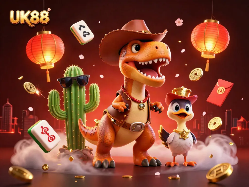 Engage with the vibrant gambling world of UK88 featuring cartoon dinosaur, cactus, and roadrunner.
