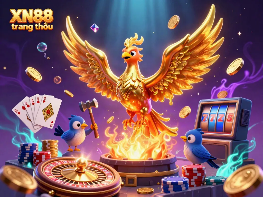 Experience the excitement of XN88 trang chủ with this vibrant 3D illustration depicting golden phoenix and casino elements.