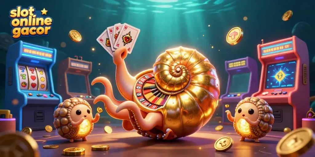 Menang dengan klik slot online gacor yang penuh warna dan elemen kasino dalam ilustrasi 3D.