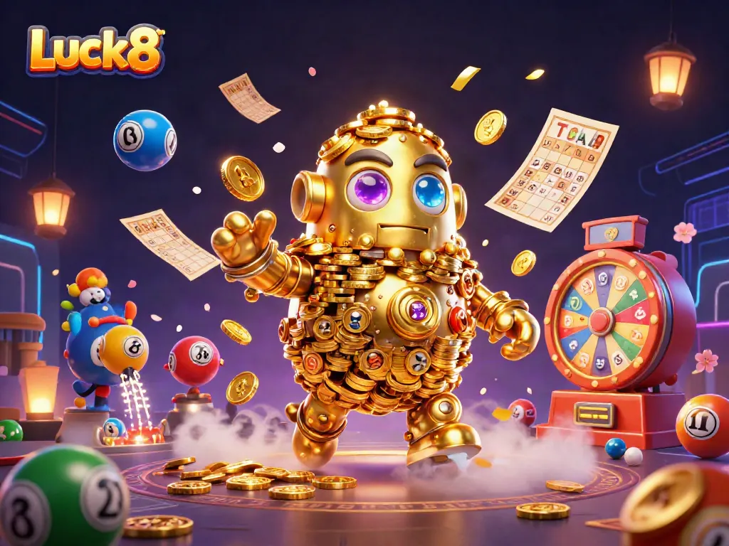 Engage with the vibrant gambling world of Luck8 featuring golden golem and lottery elements.