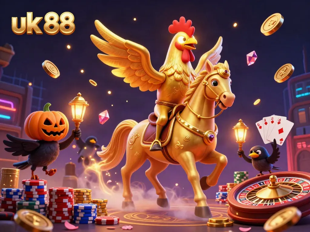 Experience thrilling gameplay with uk 88 as a golden rooster navigates a vibrant midnight casino filled with coins and jewels.