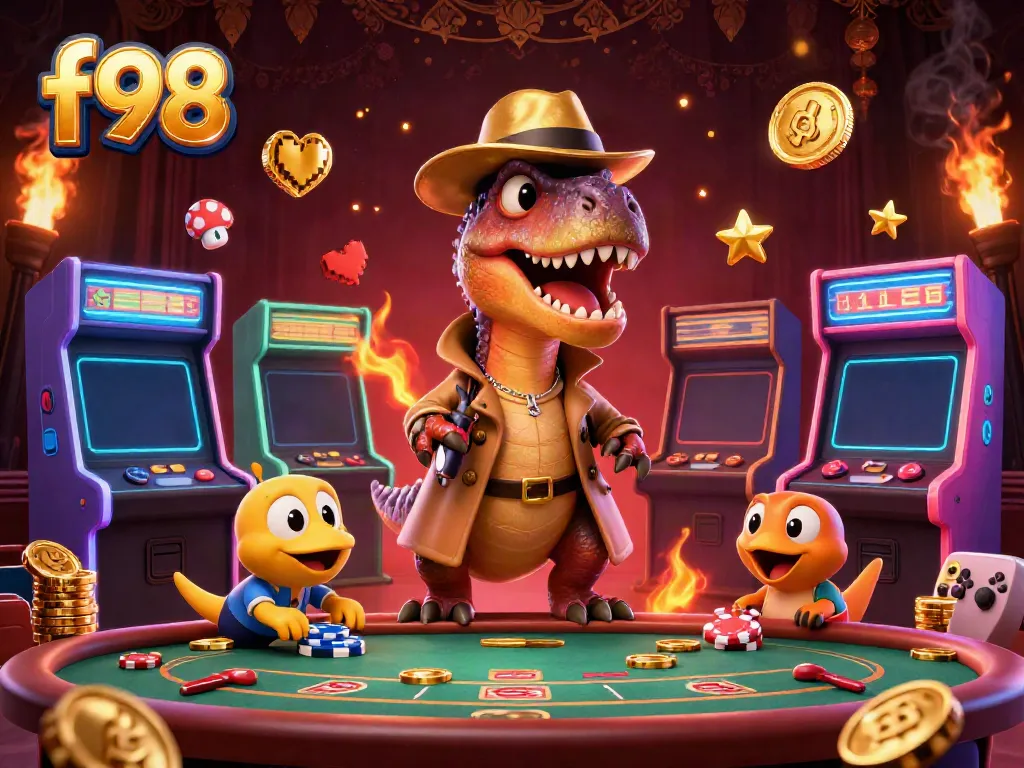 F98 showcases a velociraptor card counter amid a vibrant casino scene filled with animated game elements.