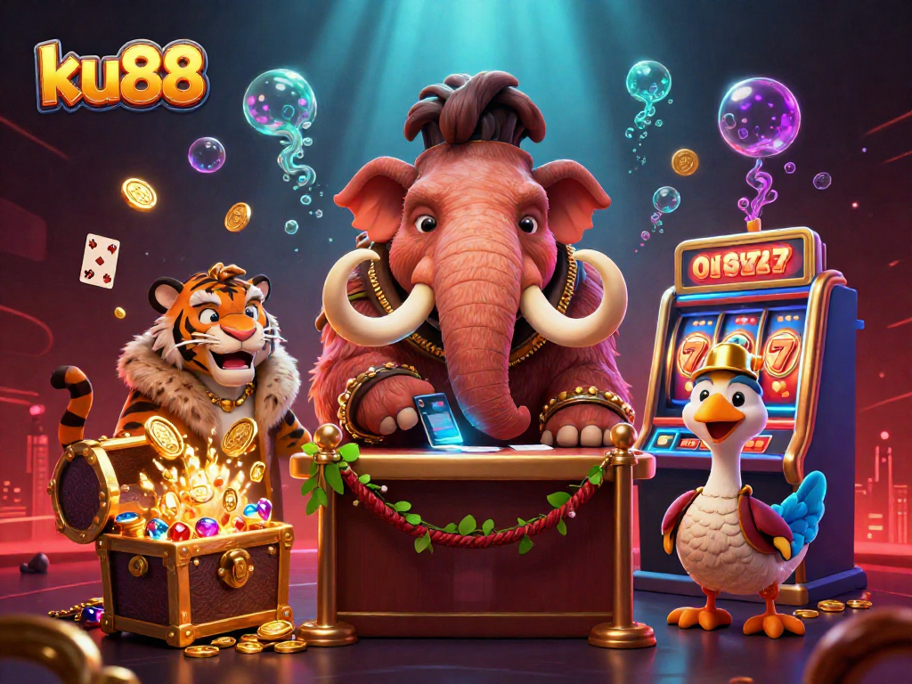 Experience thrilling gameplay at ku88 with vibrant characters, including a woolly mammoth bouncer and a saber-tooth tiger!