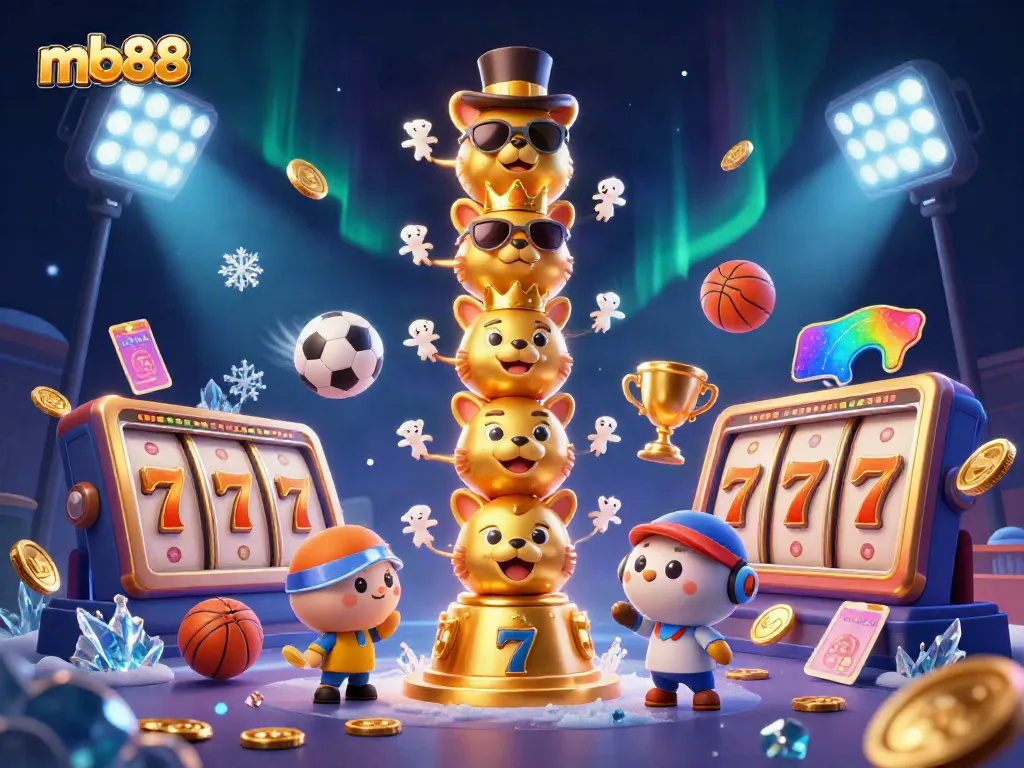 Win big with mb88 in this vibrant 3D casino scene featuring dynamic gaming elements and energetic characters.