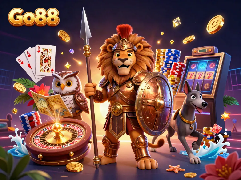 Experience thrilling gaming action with Go88 in this vibrant 3D illustration
