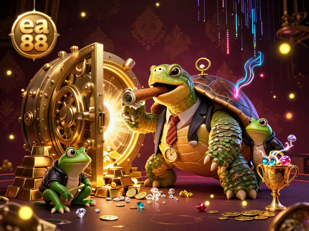 Experience winning strategies with ea 88 as a cartoon turtle and bullfrogs celebrate riches among gold and jewels.