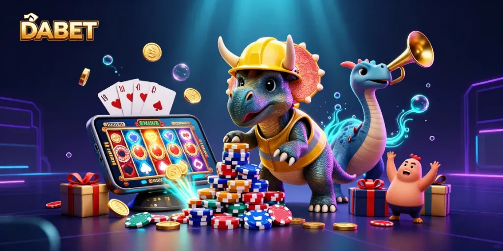 DABET showcases a festive 3D casino scene with animated dinosaurs celebrating wins and vibrant casino elements.