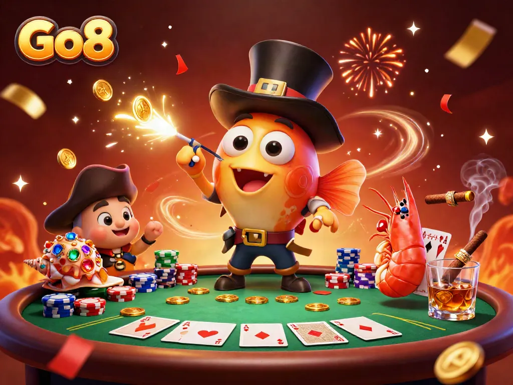 Engaging Go8 scene with a deep-sea anglerfish, pirate shrimp, and treasure snail on a vibrant casino table.