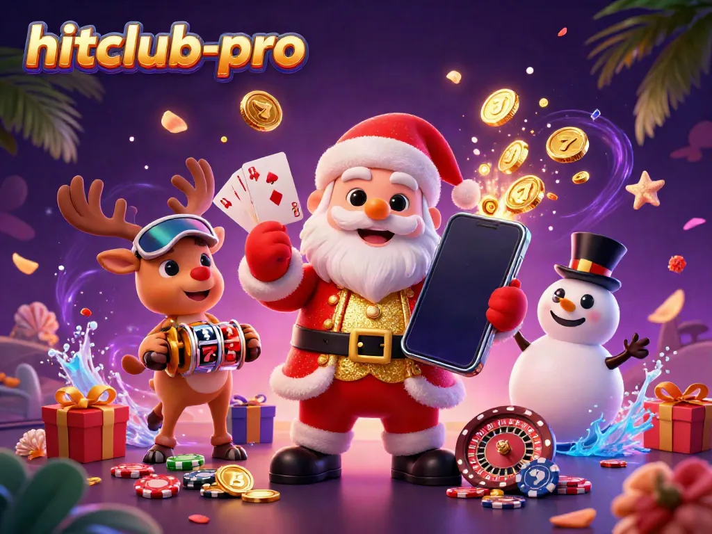 Hitclub-pro Santa celebrates casino wins with festive characters and vibrant elements.