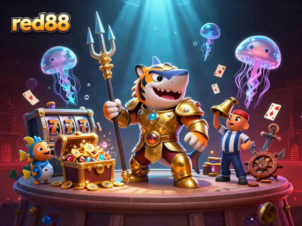 Engage with red88's thrilling underwater casino scene featuring a colorful tiger shark and dynamic slot elements.